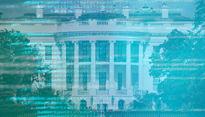image of white house behind blue tinted, computerized letters and symbols