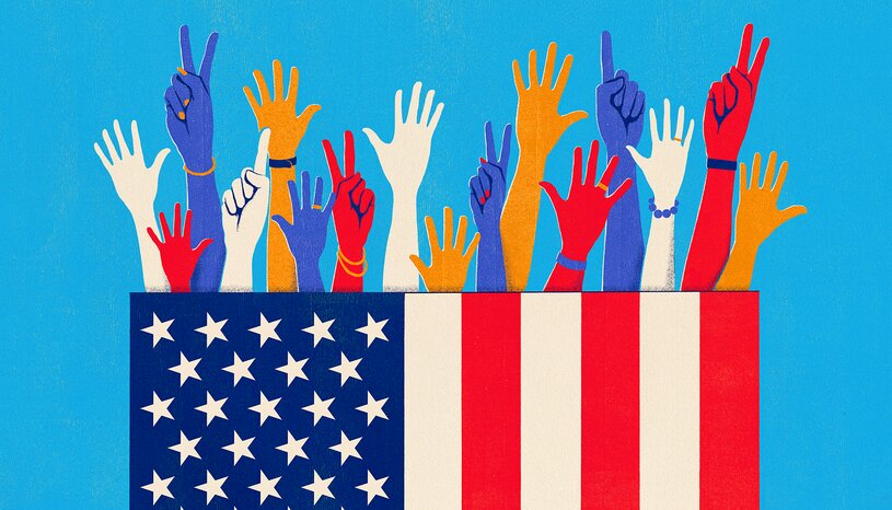 Illustration of hands raising up out of the side of an American flag