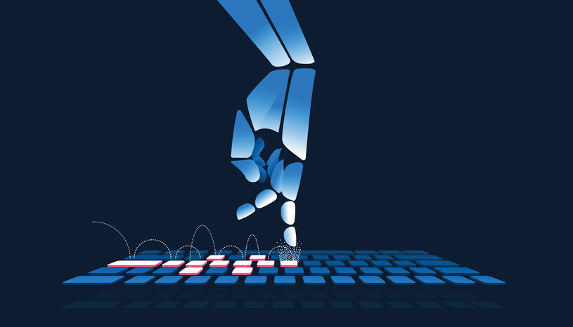 illustration of skelton-like finger typing on lit keyboard