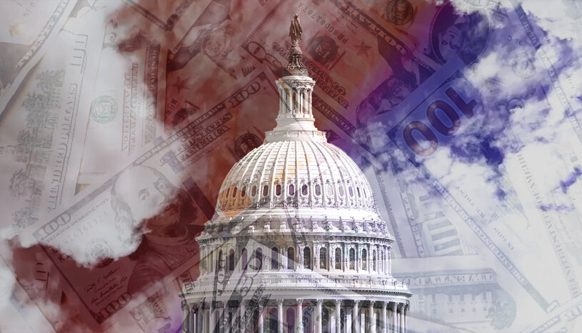Capitol Building illustration with money in background