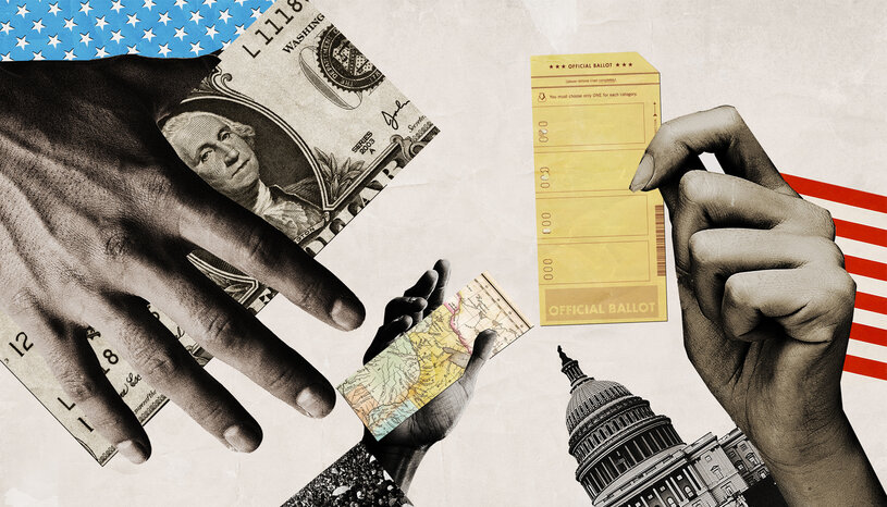 Illustration of money, ballots, the Capitol