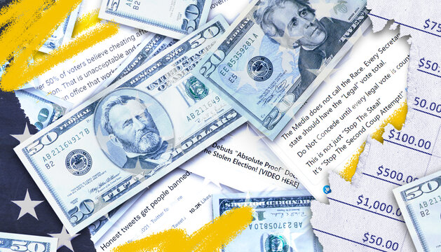 Collage features currency, contribution totals, and quotes from candidates that deny election results