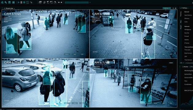 AI facial recognition camera authenticating people on street