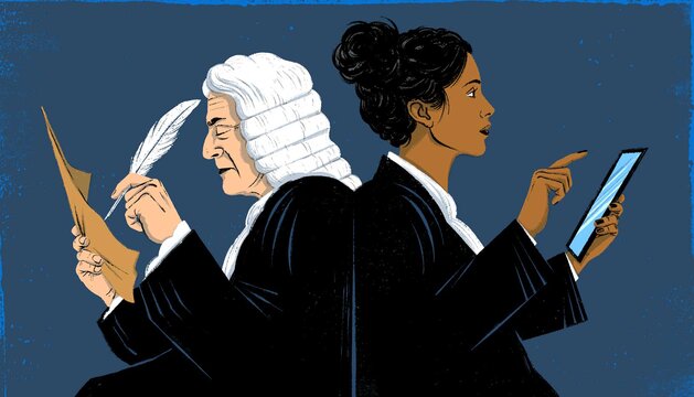Illustration of man in powdered wig holding quill and modern woman with tablet