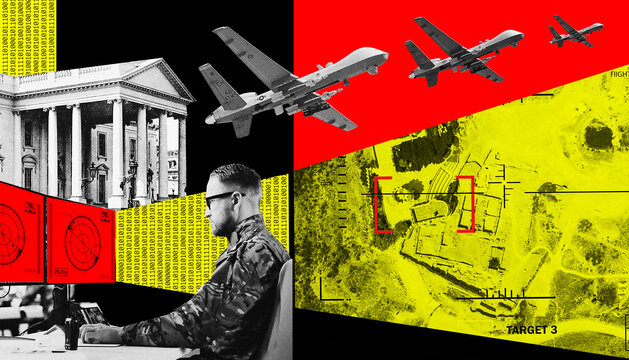 Illustration with a collage of binary code, the White Hose, drone bombers, a drone operator, and a satellite targeting image.