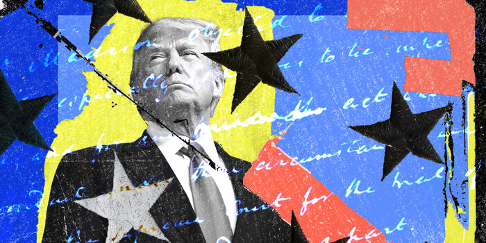 An illustration featuring text from James Madison's notes on the Constitutional Convention, an image of former President Donald Trump, and other iconography