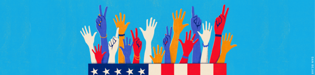 Hands up against blue background