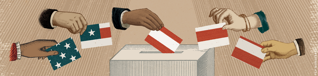 Illustration of hands placing ballots styled as pieces of the American flag in a box