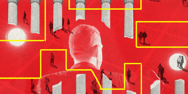 Illustration featuring columns, people walking, a man in a suit, and district lines on a red background.