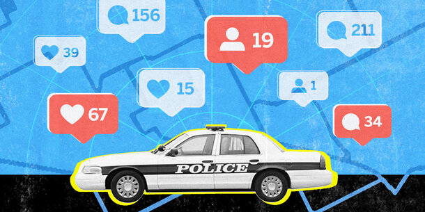Illustration featuring a Los Angeles police car surrounded by social media notification icons