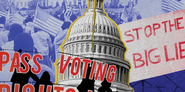Collage of images of voting rights protests framing an image of the Capitol split in half