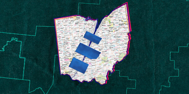 A map of Ohio, split in half and taped together.