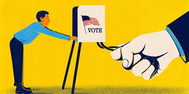 A citizen tries to vote as the booth is pulled away