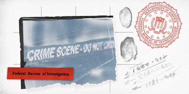 Graphic of crime scene tape, FBI stamp, and fingerprints