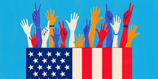 Illustration of hands and the American flag
