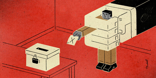 A hand holds a person back from voting