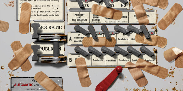 A voting machine covered in bandages