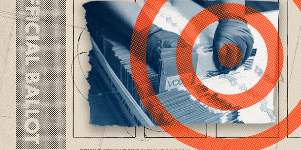Graphic of gloved hand handling ballots