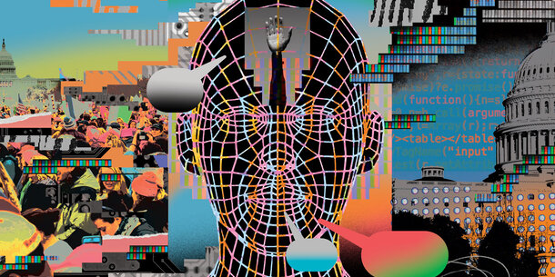 Graphic of an android head, Capitol building, chat bubbles, and HTML code