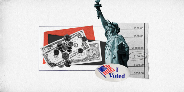 Graphic of U.S. dollars and cents, Statue of Liberty, and an "I Voted" sticker
