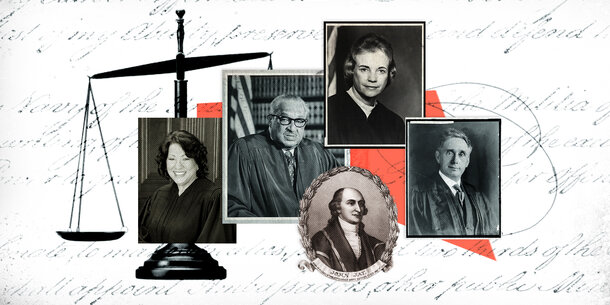 Graphic of Supreme Court justices, scales of justice