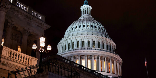 The dome of the U.S. Capitol building seen at night