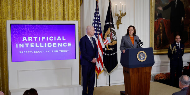 President Biden and Vice President Kamala Harris speaking about AI