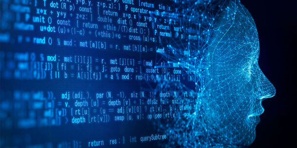 computer code and nodes and connections forming the image of a human face