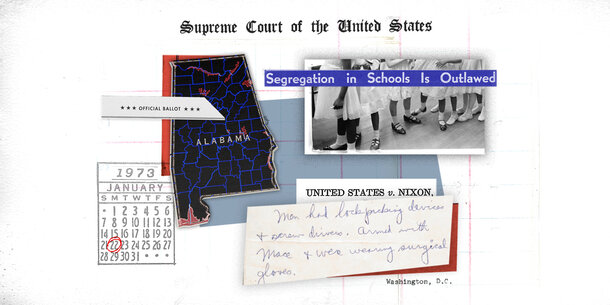 Collage referencing landmark Supreme Court decisions