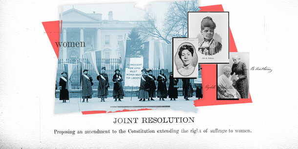 Graphic collage of the Silent Sentinels protesting outside the White House and images of key suffragists