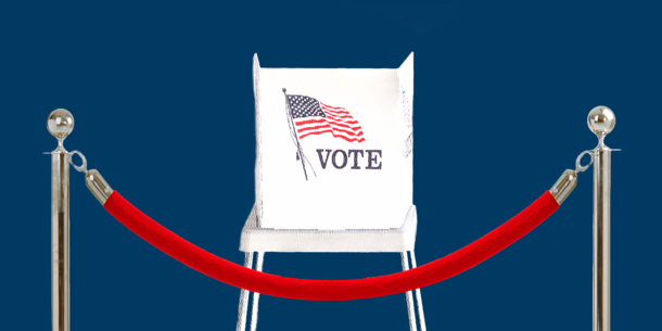 Illustration of voting booth behind red rope illustration