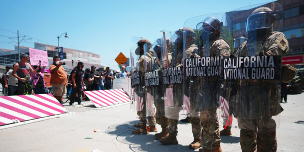 California National Guard troops at an immigration protest in Los Angeles on June 9, 2025