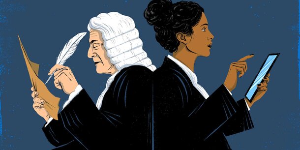 Illustration of man in powdered wig holding quill and modern woman with tablet
