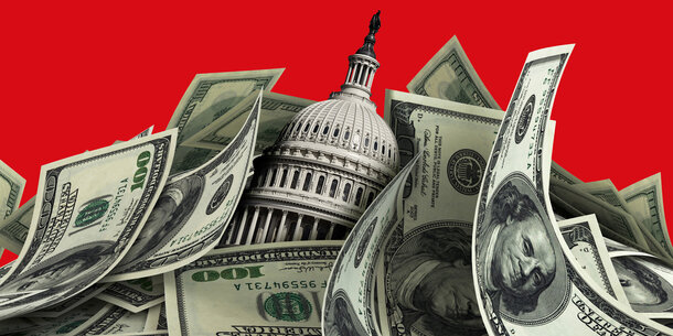 Illustration of cash drowing the Capitol