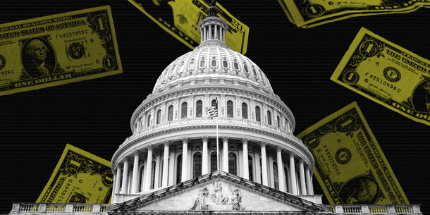 Illustration of U.S. Capitol in front of images of cash