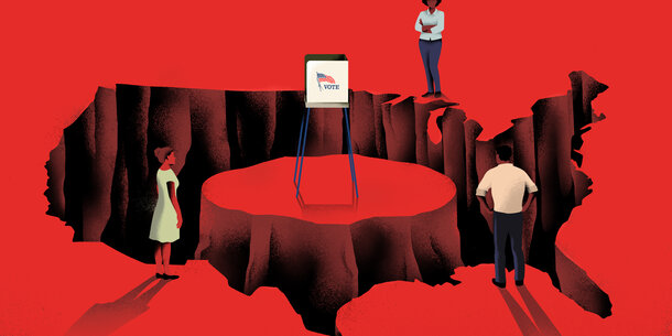 Illustration of the silhouette of the United States as a canyon, with a pedestal in the middle holding a voting booth.