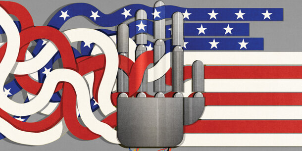 Robot hand disrupting American flag