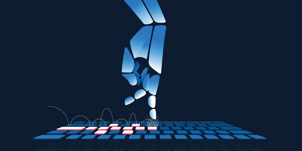 illustration of skelton-like finger typing on lit keyboard