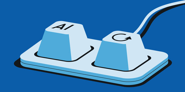 Illustration on blue background. Two keyboard buttons, one with AI