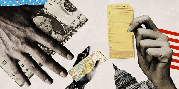 Illustration of money, ballots, the Capitol