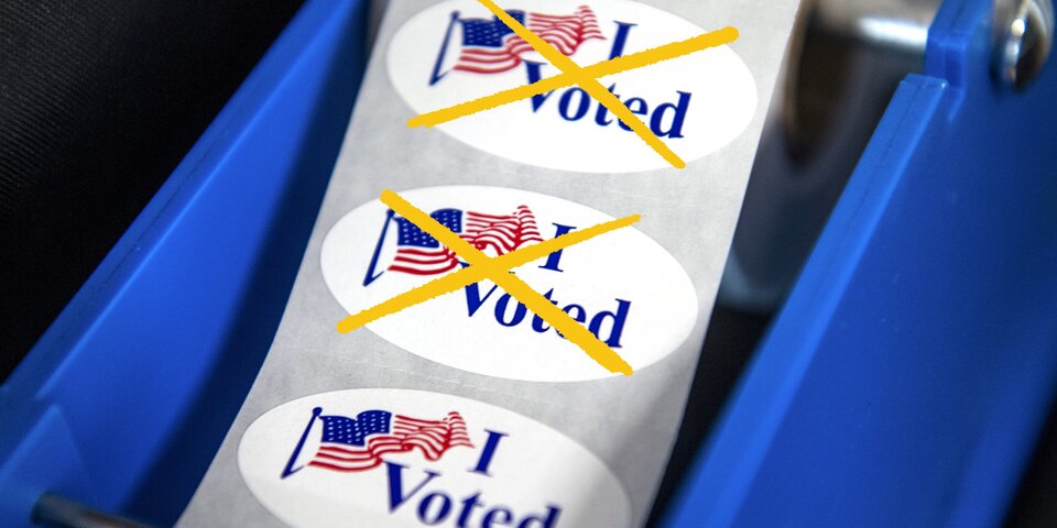 Three "I Voted" stickers are shown, with two crossed out