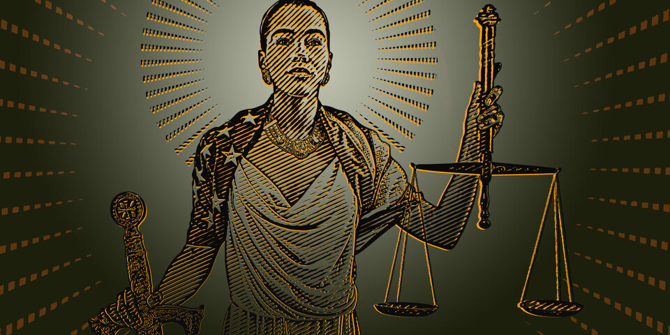 Illustration of Lady Justice holding scales and a sword
