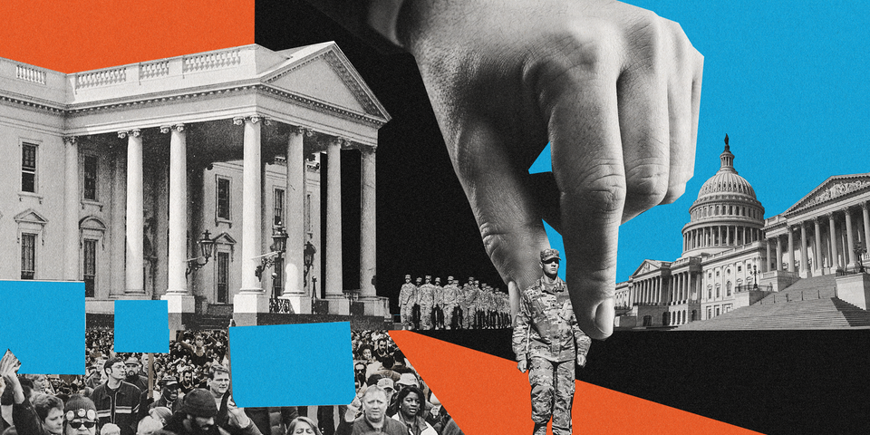Collage illustration of soldiers and government buildings