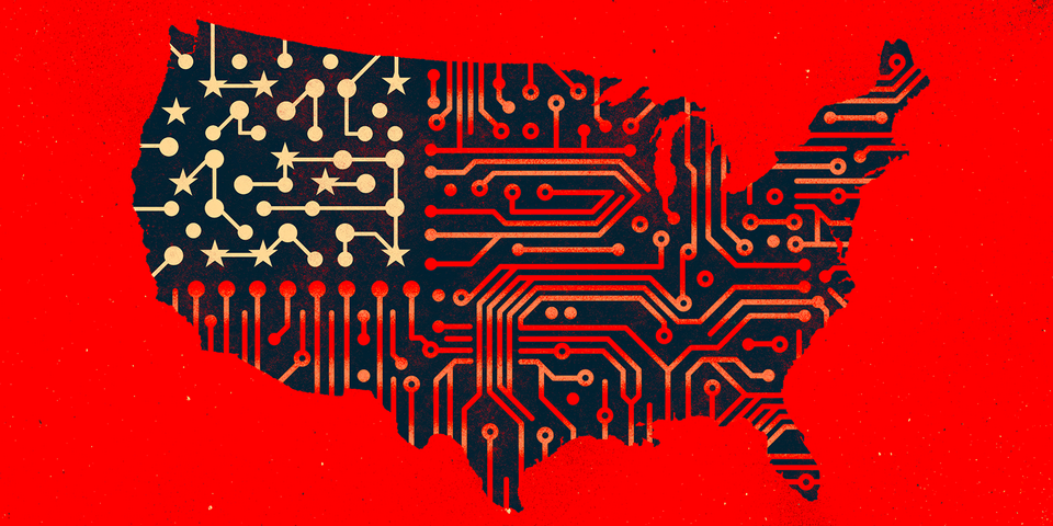 Illustration of circuitry overlayed on a map of the Unites States.