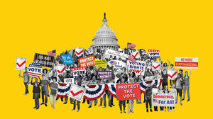 Illustration of people at a rally holding up signs.
