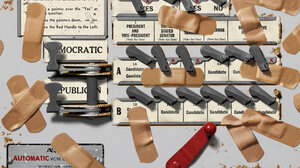 Illustration of a voting machine covered in band-aids.