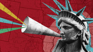 Illustration/collage of Statute of Liberty overtop map of U.S.