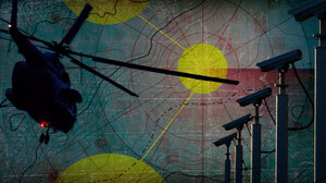 Artwork showing surveillance and military