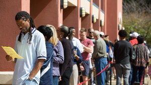 Diverse collection of voters waiting in a long line to vote