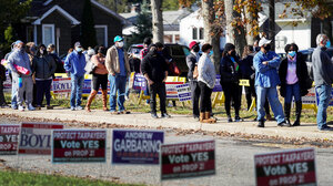 Voters stand in a long line at their polling place